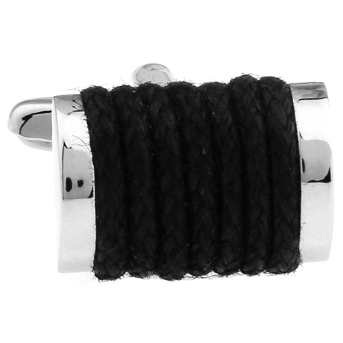 Shining Black and Silver Wrapped Rope Barrel Cuff Links Cufflinks Image 1