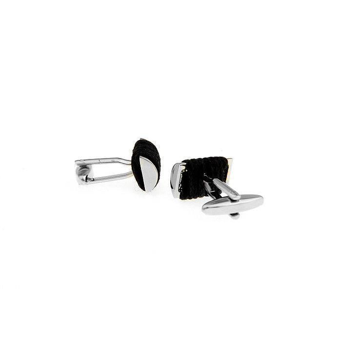 Shining Black and Silver Wrapped Rope Barrel Cuff Links Cufflinks Image 2