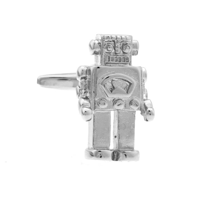 Retro 1950s Robot Cufflinks Silver Enamel Arms Head and Legs Cool Fun Unique Cuff Link Comes with Gift Box White Image 1