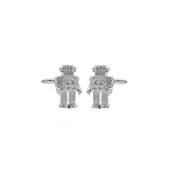 Retro 1950s Robot Cufflinks Silver Enamel Arms Head and Legs Cool Fun Unique Cuff Link Comes with Gift Box White Image 2