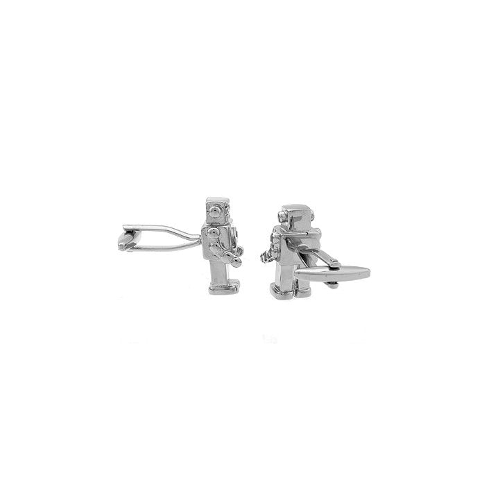 Retro 1950s Robot Cufflinks Silver Enamel Arms Head and Legs Cool Fun Unique Cuff Link Comes with Gift Box White Image 3