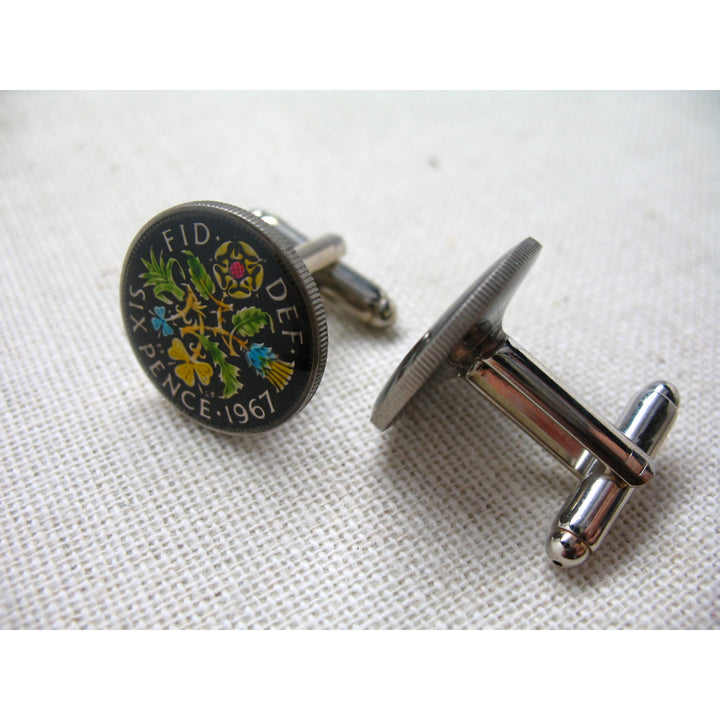 Enamel Cufflinks Hand Painted Coin British Enamel Coin Jewelry England English Cuff Links Pence Birmingham London Leeds Image 3