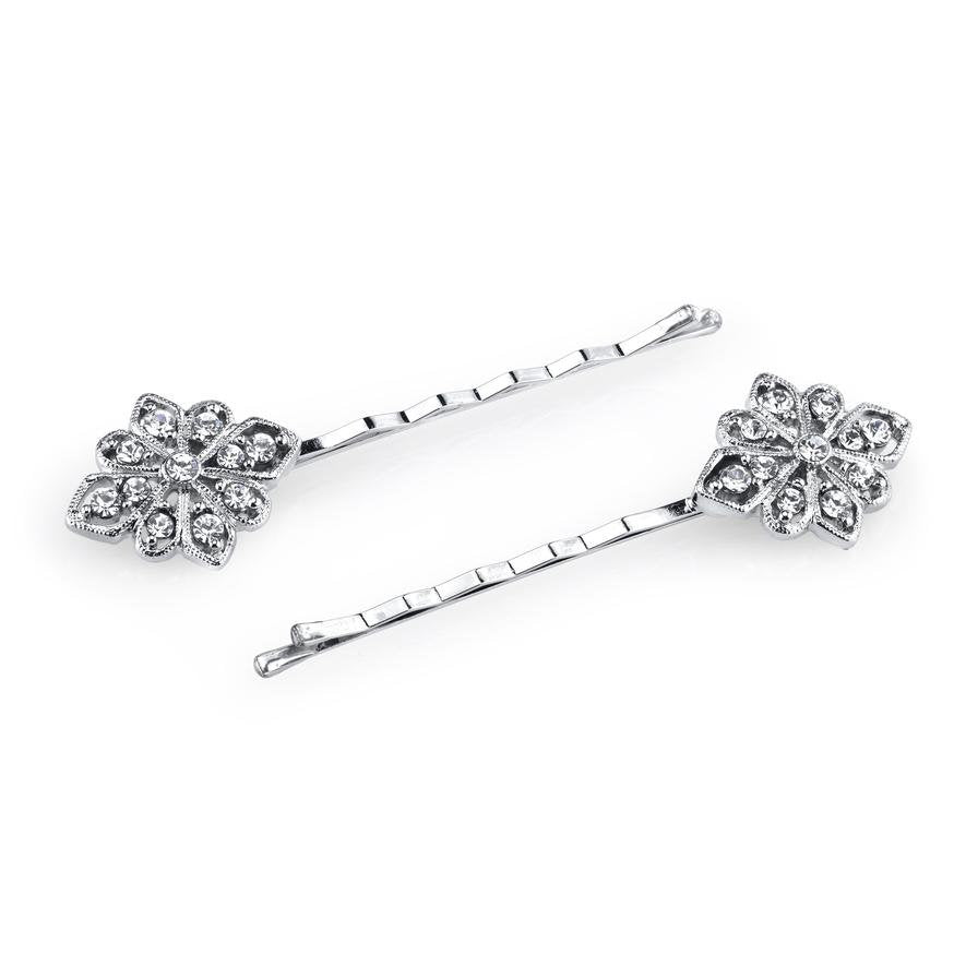 Glistening Wedding Pin Silver Tone Elegant Crystal Bobby Pin Pair Hair Jewelry Image 1