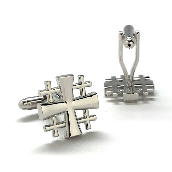 Jerusalem Cross Cufflinks Cut Out Design Silver Tone 3D Christian Faith Religious Gospel Greek Crosses Cool Cuff Links Image 3