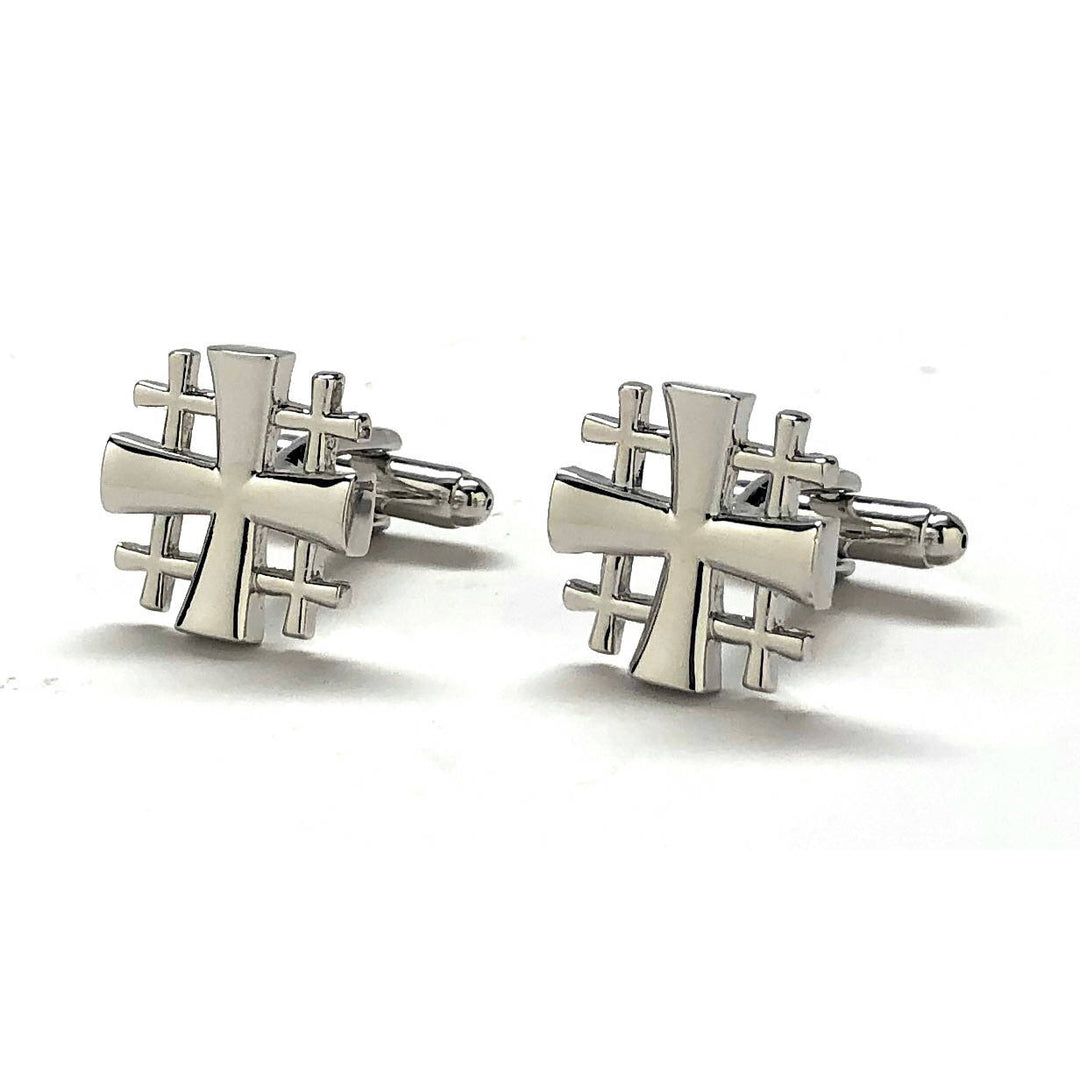 Jerusalem Cross Cufflinks Cut Out Design Silver Tone 3D Christian Faith Religious Gospel Greek Crosses Cool Cuff Links Image 4