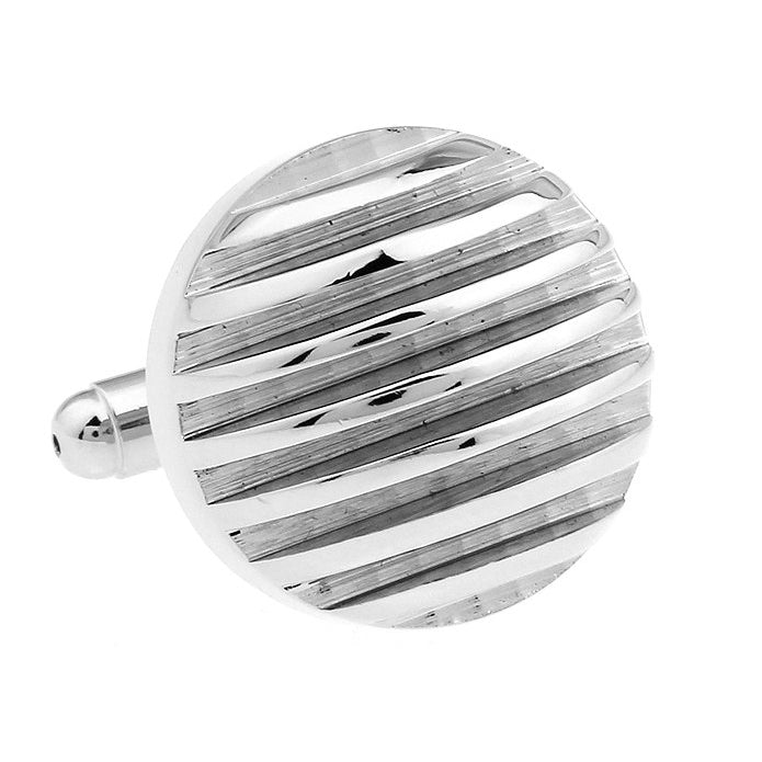 Unique Silver Round Solid Cut Thick Repp Stripes Cufflinks Cuff Links Image 1