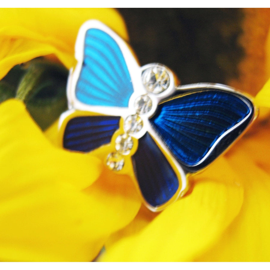 Blue Butterfly Cufflinks Silver Navy Blue with Crystals Accents Cuff Links Gifts for Dad Gifts for Him Cool Detailed Image 1