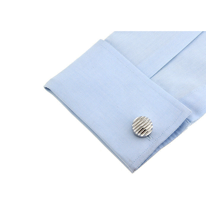 Unique Silver Round Solid Cut Thick Repp Stripes Cufflinks Cuff Links Image 3