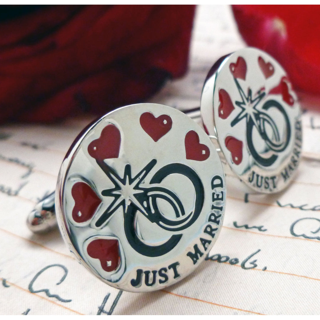 Just Married Cufflinks Rings and Hearts Just Married Silver with Red Black Enamel Cuff Links Great for Weddings Image 1