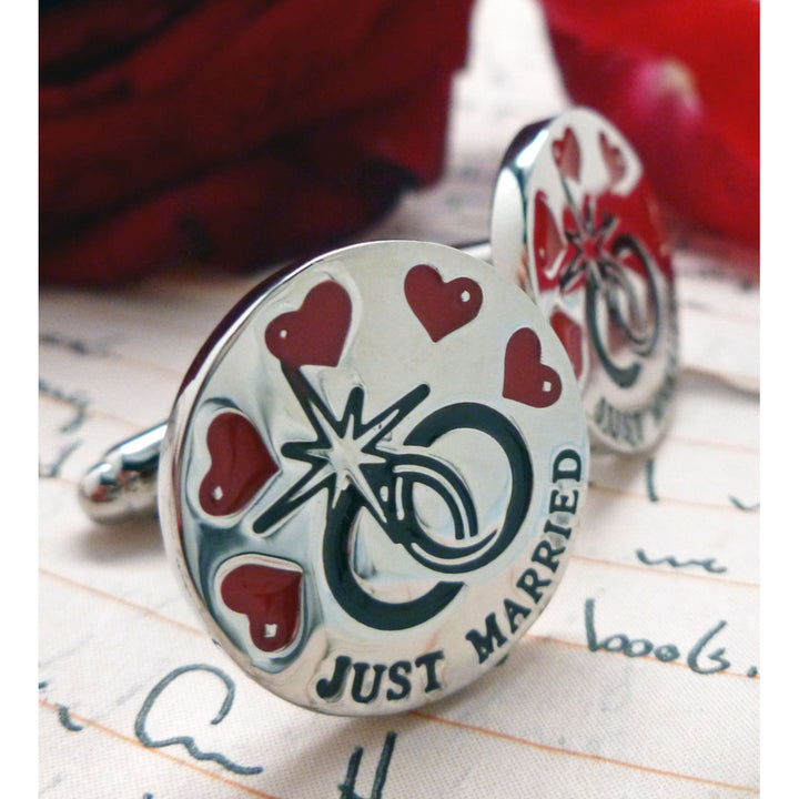 Just Married Cufflinks Rings and Hearts Just Married Silver with Red Black Enamel Cuff Links Great for Weddings Image 2