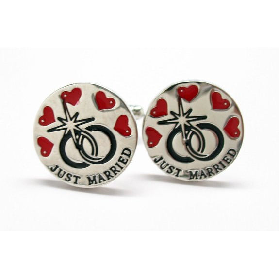 Just Married Cufflinks Rings and Hearts Just Married Silver with Red Black Enamel Cuff Links Great for Weddings Image 3