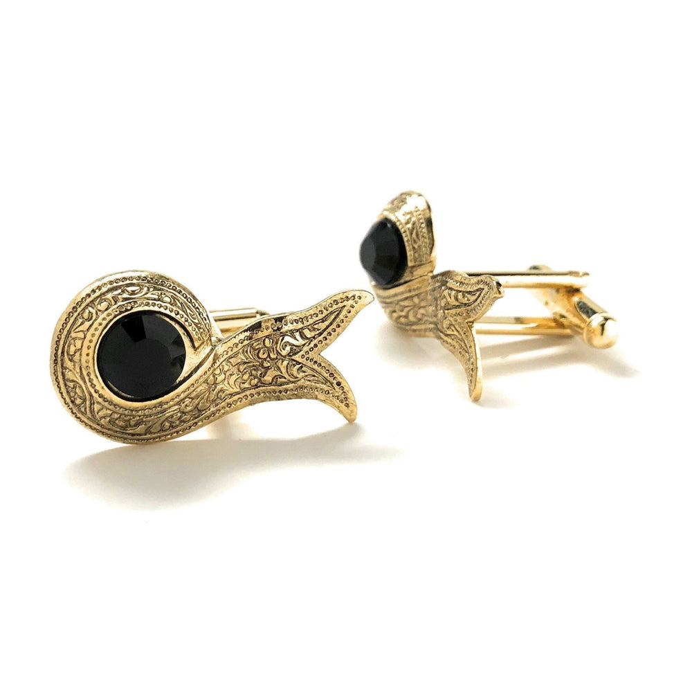 Persian Ribbon Cufflinks Embossed Gold Tone Black Crystal Cuff Links Image 2