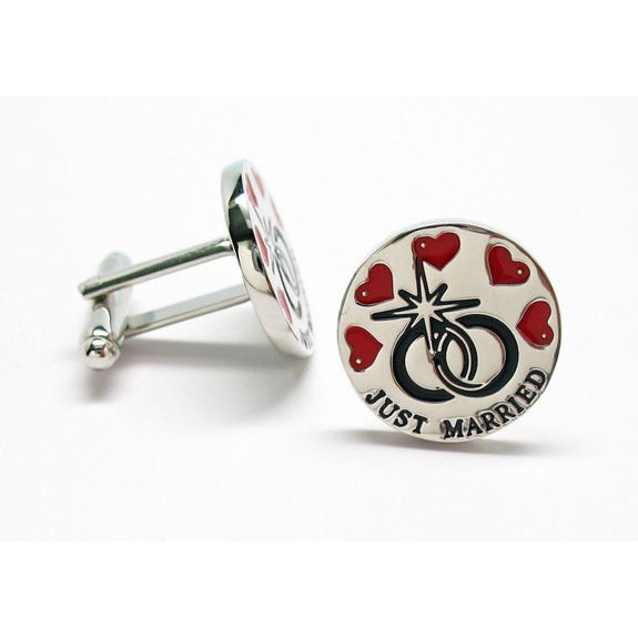 Just Married Cufflinks Rings and Hearts Just Married Silver with Red Black Enamel Cuff Links Great for Weddings Image 4