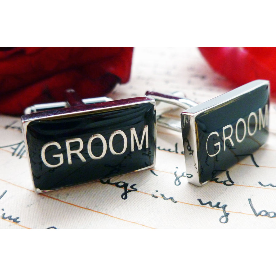 Groom Cufflinks Wedding Jewelry for Men Gift for Groom Black Enamel with Silver Tone Cuff Links  Great for Weddings Big Image 1