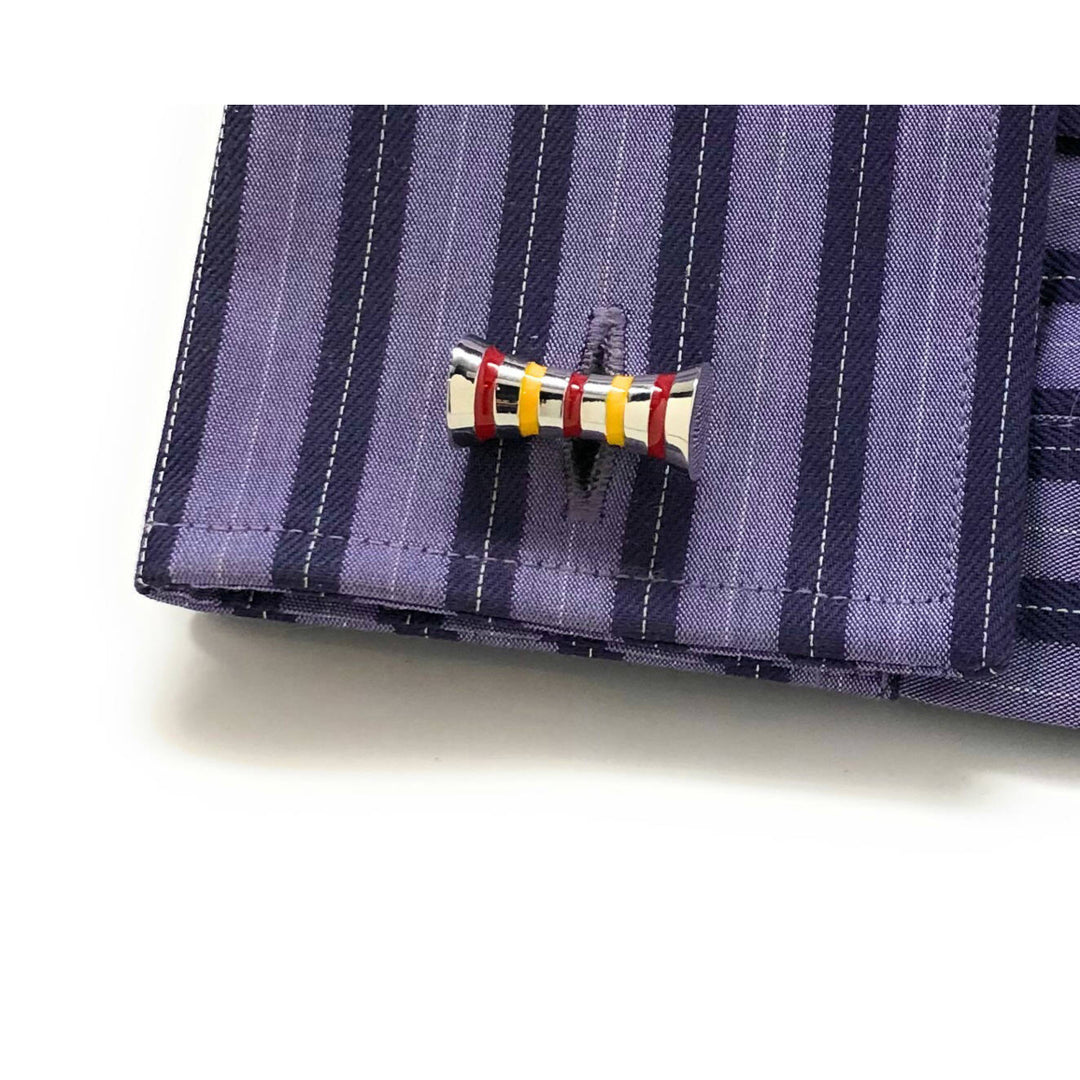 Variegated Stripes Cufflinks Yellow and Bronze Double Ended Barrel Straight Solid Post Cuff Links Comes with Box Image 4