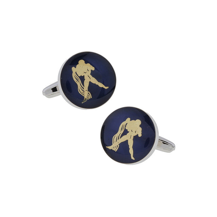 Aquarius Zodiac Sign Cufflinks Deep Blue Enamel Gold Tone Symbol from Astrology Cuff Links Comes with Gift Box Image 1