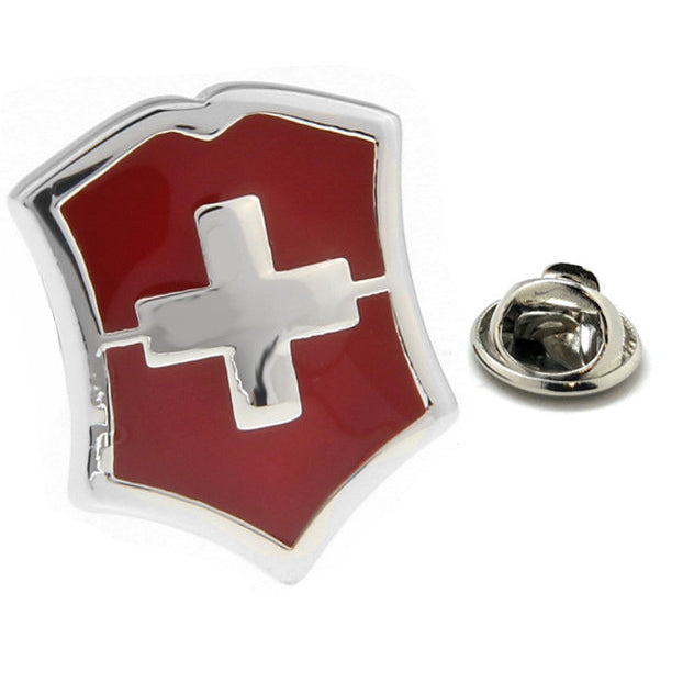 Enamel Pin Swiss Shield Lapel Pin Tie Tack Collector Pin Silver Red Enamel on Silver Image 1