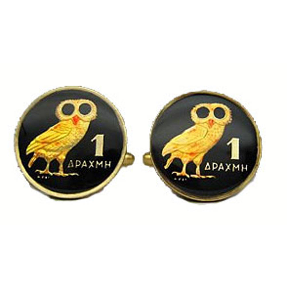 Enamel Cufflinks Hand Painted Greek Greece Athens Enamel Coin Jewelry Owl Bird Cuff Links Black Harry Potter Hogwarts Image 3