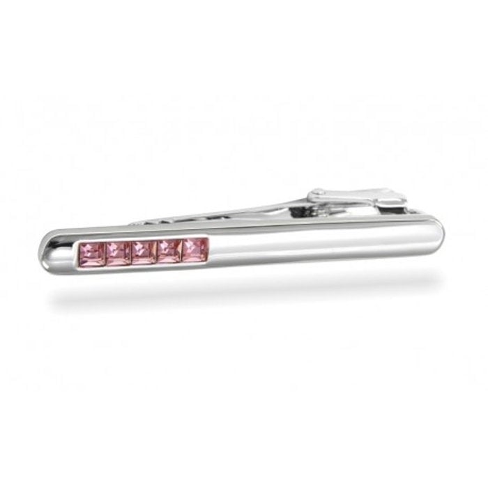 Gleaming Silver with Five Pink Crystals Inset Tie Clip with Button Chain Tie Bar Silver Tone Very Cool Comes with Gift Image 1