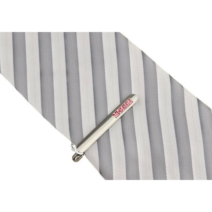 Gleaming Silver with Five Pink Crystals Inset Tie Clip with Button Chain Tie Bar Silver Tone Very Cool Comes with Gift Image 3