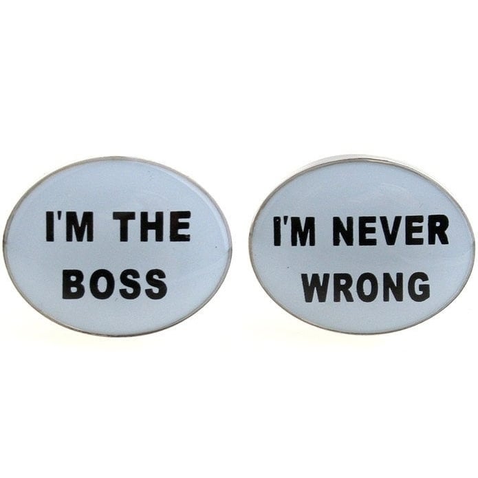 Bosss Day Cufflinks Im the Boss Im Never Wrong White Enamel Business Cuff Links White Elephant Gifts Image 1