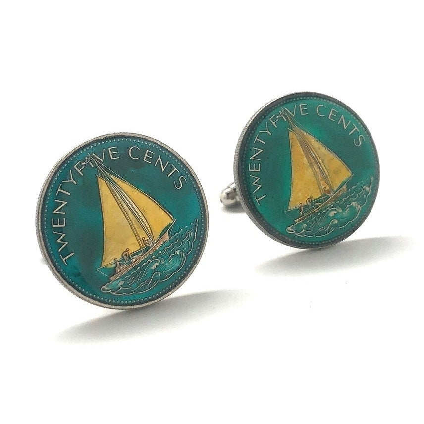 Birth Year Birth Year Enamel Cufflinks Bahamas sailboat 25 cent coins Hand Painted Enamel Coin Jewelry Cuff Links Image 1
