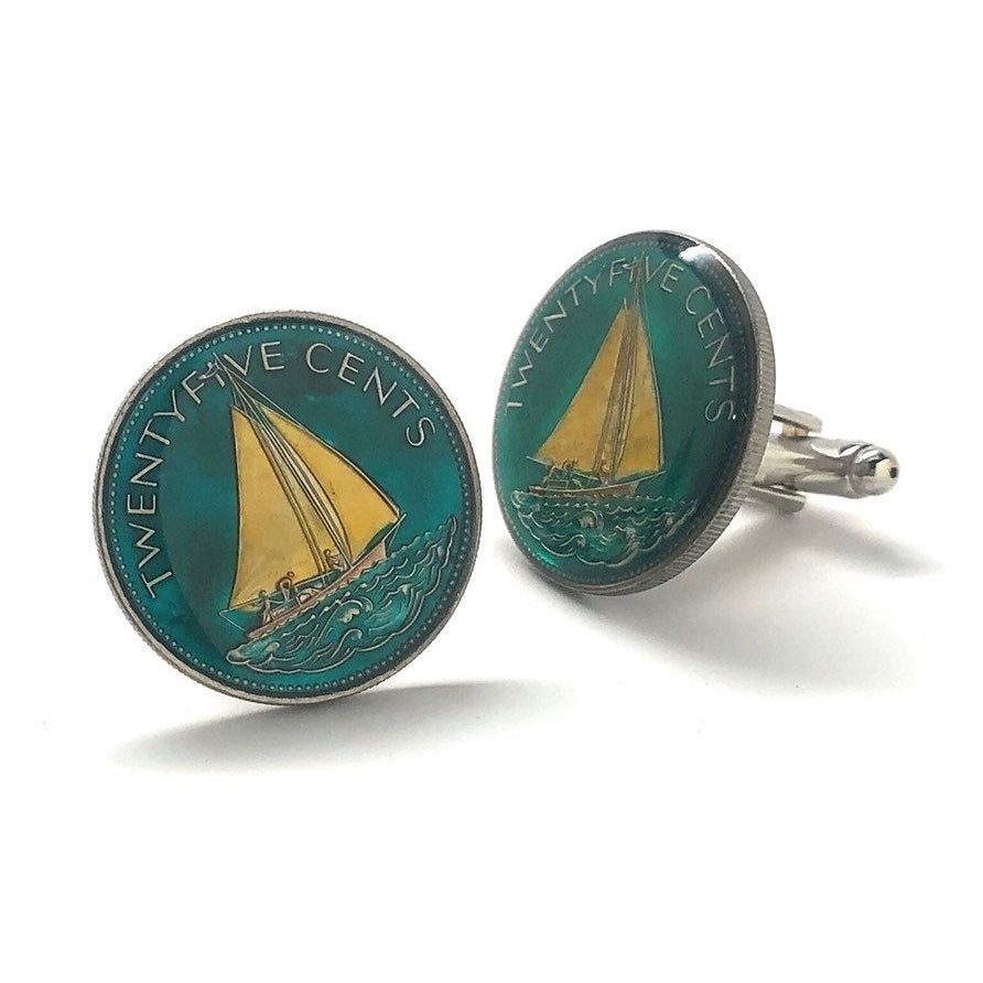 Birth Year Birth Year Enamel Cufflinks Bahamas sailboat 25 cent coins Hand Painted Enamel Coin Jewelry Cuff Links Image 2