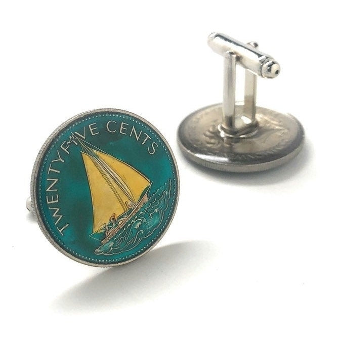 Birth Year Birth Year Enamel Cufflinks Bahamas sailboat 25 cent coins Hand Painted Enamel Coin Jewelry Cuff Links Image 3
