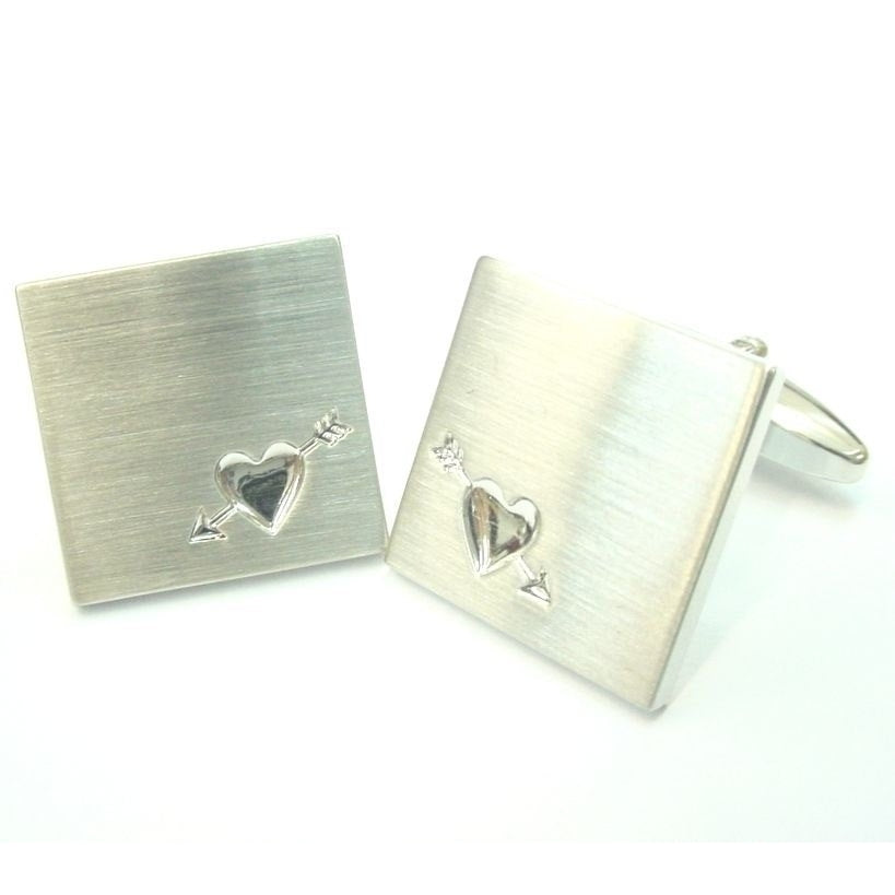 Silver Heart Cufflinks Brushed Square Lovers Arrow Heart Deluxe Cufflinks Cuff Links Groom Father Bride Wedding Image 1