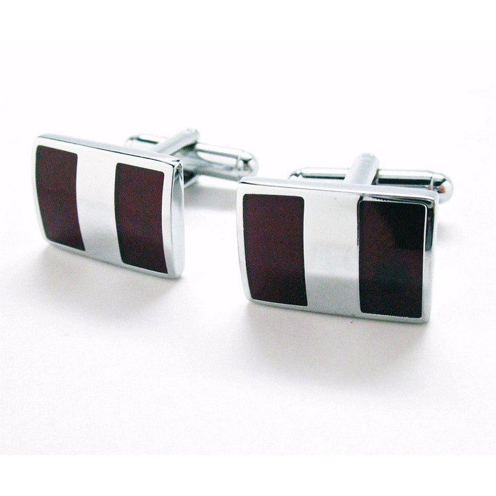 Shiny Silver Cufflinks  York Executive Stripes Cherrywood Stainless Steel Classic Post Perfect Cuff Links Image 1