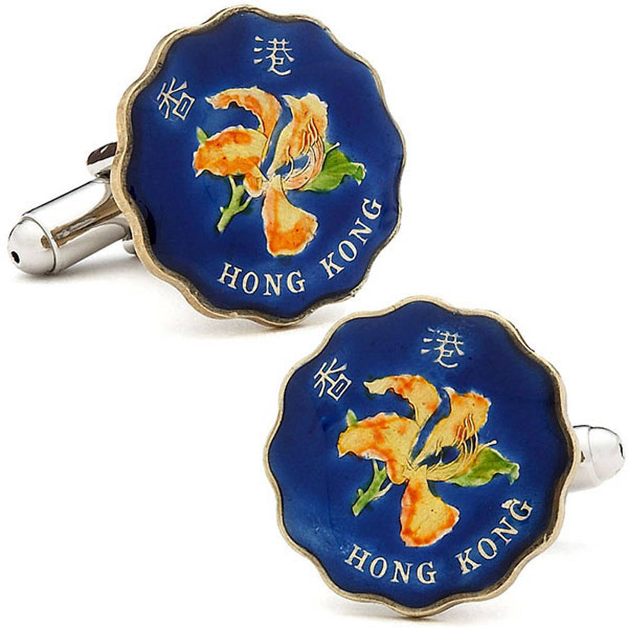 Enamel Cufflinks Hand Painted China Coin Blue Flower Hong Kong Nature Asia Enamel Coin Jewelry Cuff Links Keepsake Very Image 1