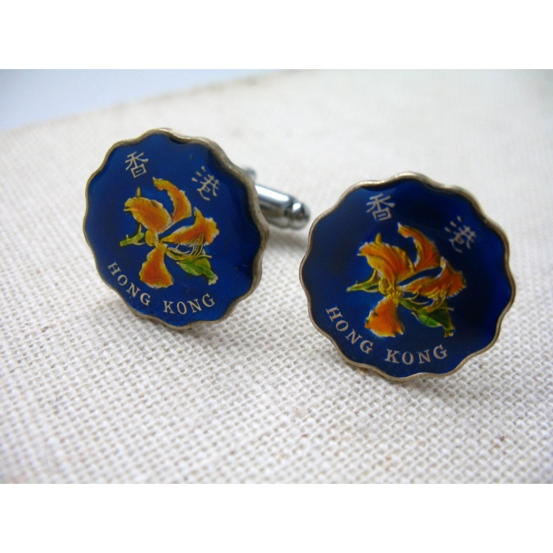 Enamel Cufflinks Hand Painted China Coin Blue Flower Hong Kong Nature Asia Enamel Coin Jewelry Cuff Links Keepsake Very Image 2