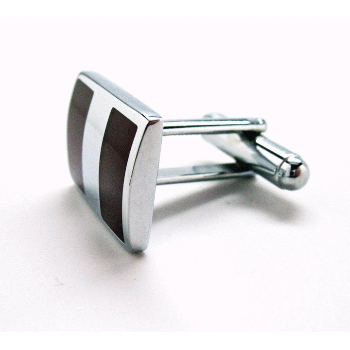 Shiny Silver Cufflinks  York Executive Stripes Cherrywood Stainless Steel Classic Post Perfect Cuff Links Image 3