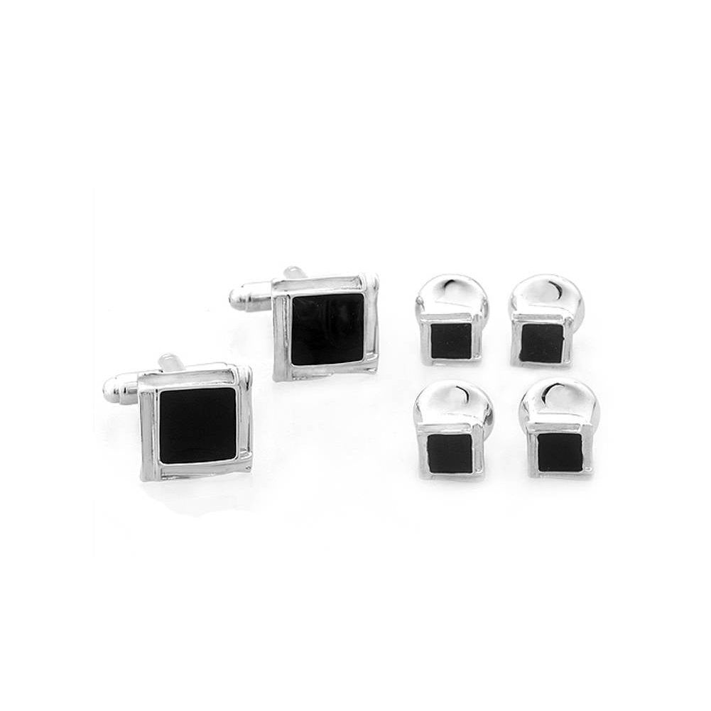 Silver Tone Square Black Enamel Cufflinks with Matching Shirt Studs Silver with Cuff Links Shirt Studs Comes with Gift Image 1