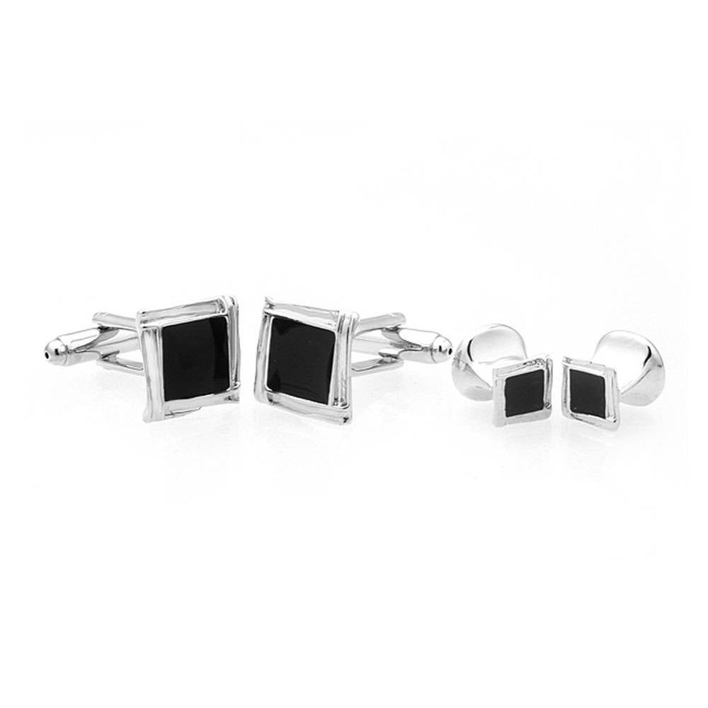 Silver Tone Square Black Enamel Cufflinks with Matching Shirt Studs Silver with Cuff Links Shirt Studs Comes with Gift Image 2