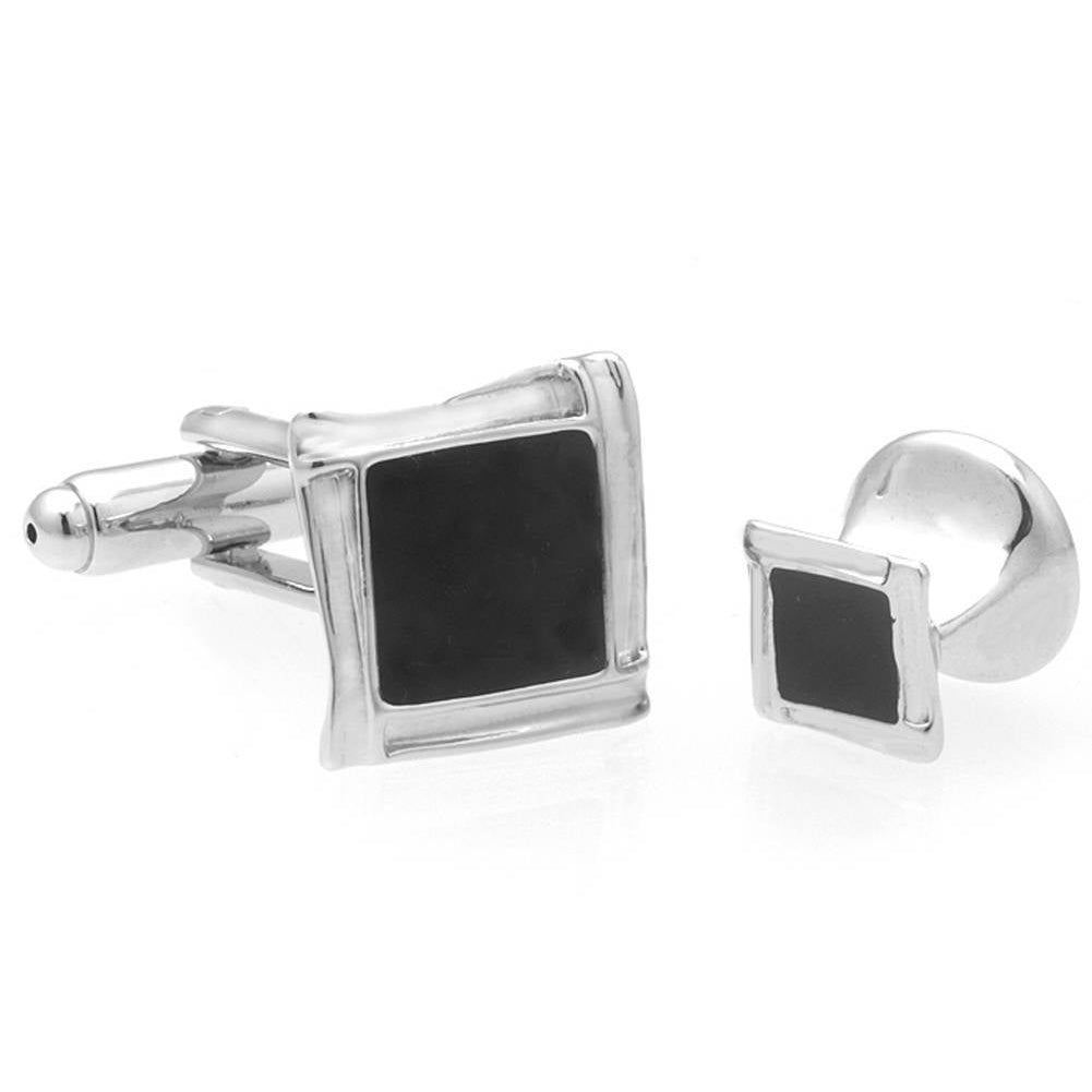 Silver Tone Square Black Enamel Cufflinks with Matching Shirt Studs Silver with Cuff Links Shirt Studs Comes with Gift Image 4
