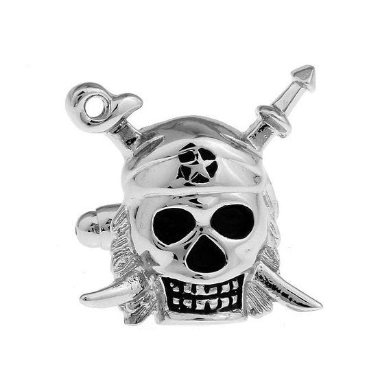 Silver Tone Pirate Skull Cufflinks Ahoy Matey Pirate Skeleton Crossed Swords Cufflinks Cuff Links Image 1