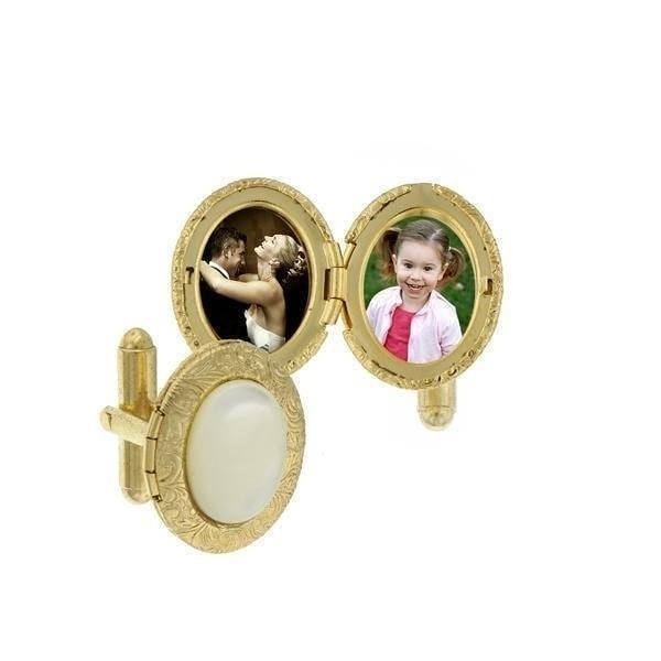 Gold Tone Mother of Pearl Stone Oval Locket Cufflinks Cuff Links Image 1
