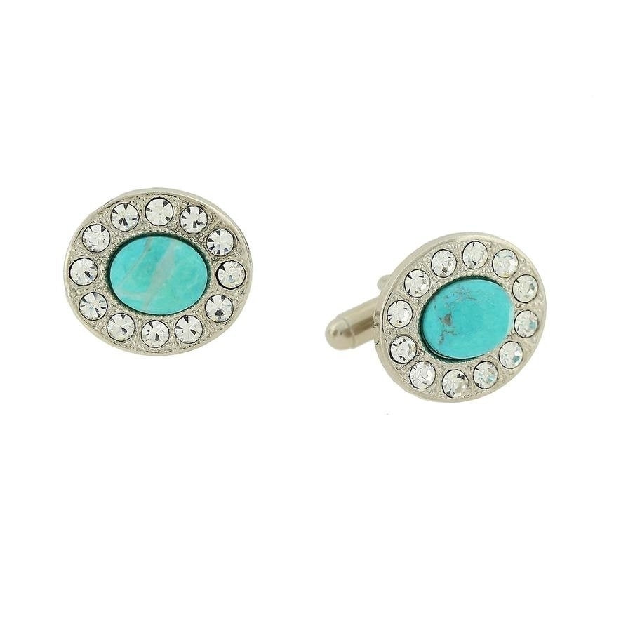 Silver Turquoise Stone Cufflinks Center Oval Crystal Gem Accents Cufflinks Cuff Links Image 1