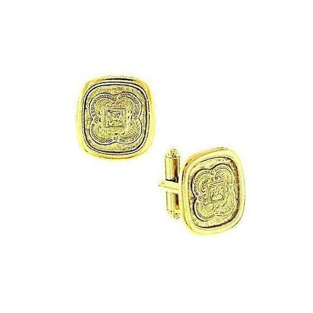 Gold Tone Etched Cufflinks Center Square Intricate French Cut Accents Cufflinks Cuff Links Image 1