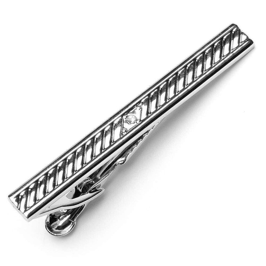 Silver Striped Ridged Small Crystal Executive Tie Clip Tiebar Bar Formal Wear Image 1