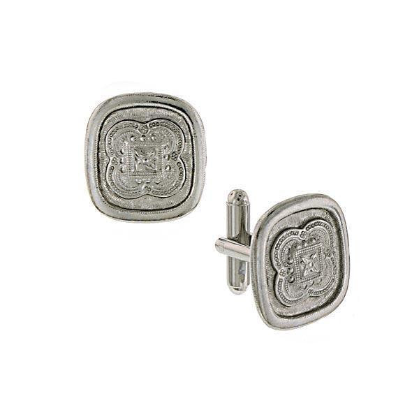 Silver Etched Cufflinks Center Square Intricate French Cut Accents Cufflinks Cuff Links Image 1