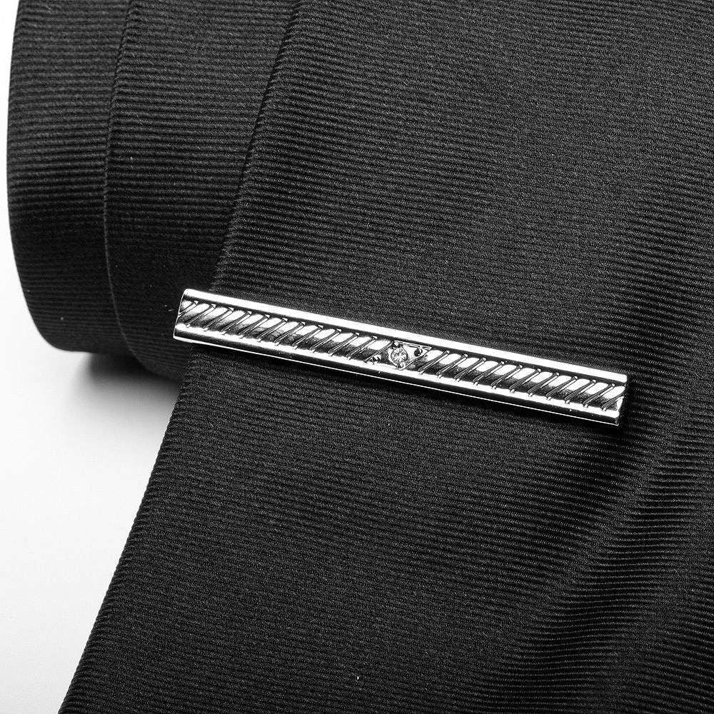 Silver Striped Ridged Small Crystal Executive Tie Clip Tiebar Bar Formal Wear Image 2
