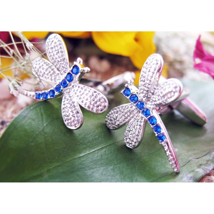 Crystal Dragonfly Cufflinks Silver Toned Navy Blue Dragonfly Bug Cuff Links Image 1