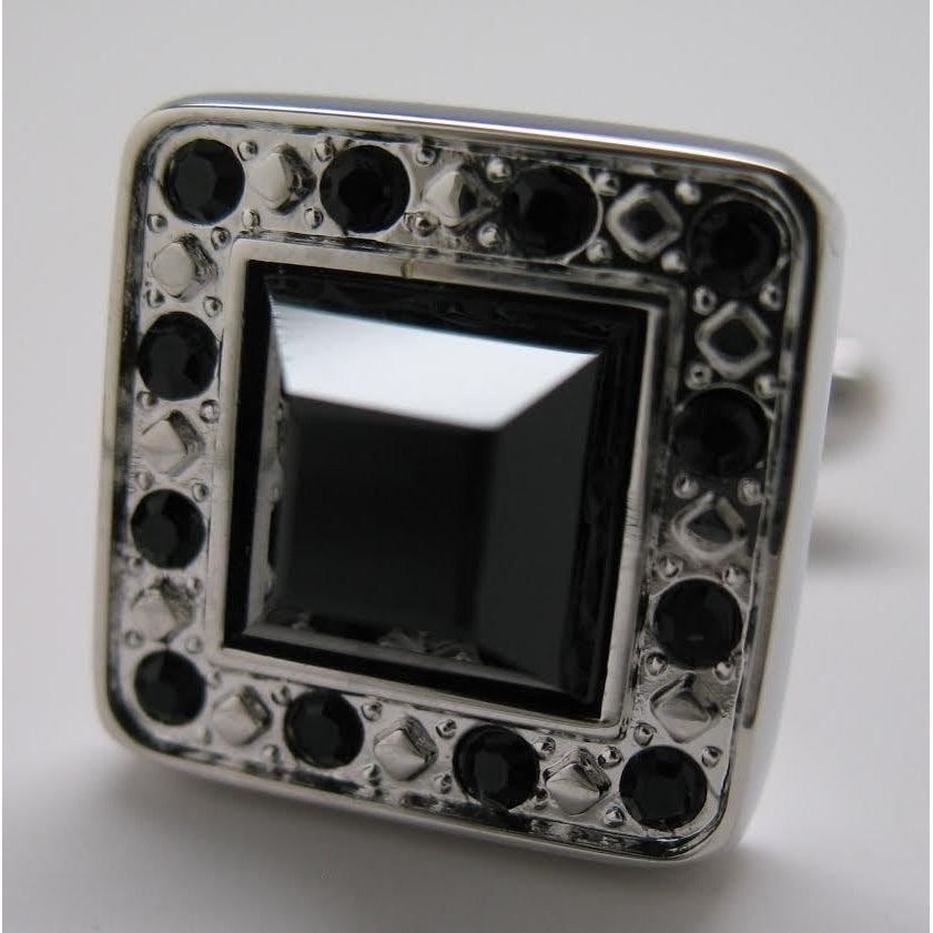 Silver Jet Stone Cufflinks Center Square Black Crystal Gem Accents Cufflinks Cuff Links Image 2