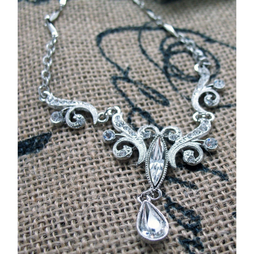 Vintage Silver Wedding Necklace Silver Tone Sparkling Crystals Wedding Drop Necklace Silk Road Jewelry Image 2
