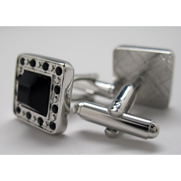 Silver Jet Stone Cufflinks Center Square Black Crystal Gem Accents Cufflinks Cuff Links Image 3