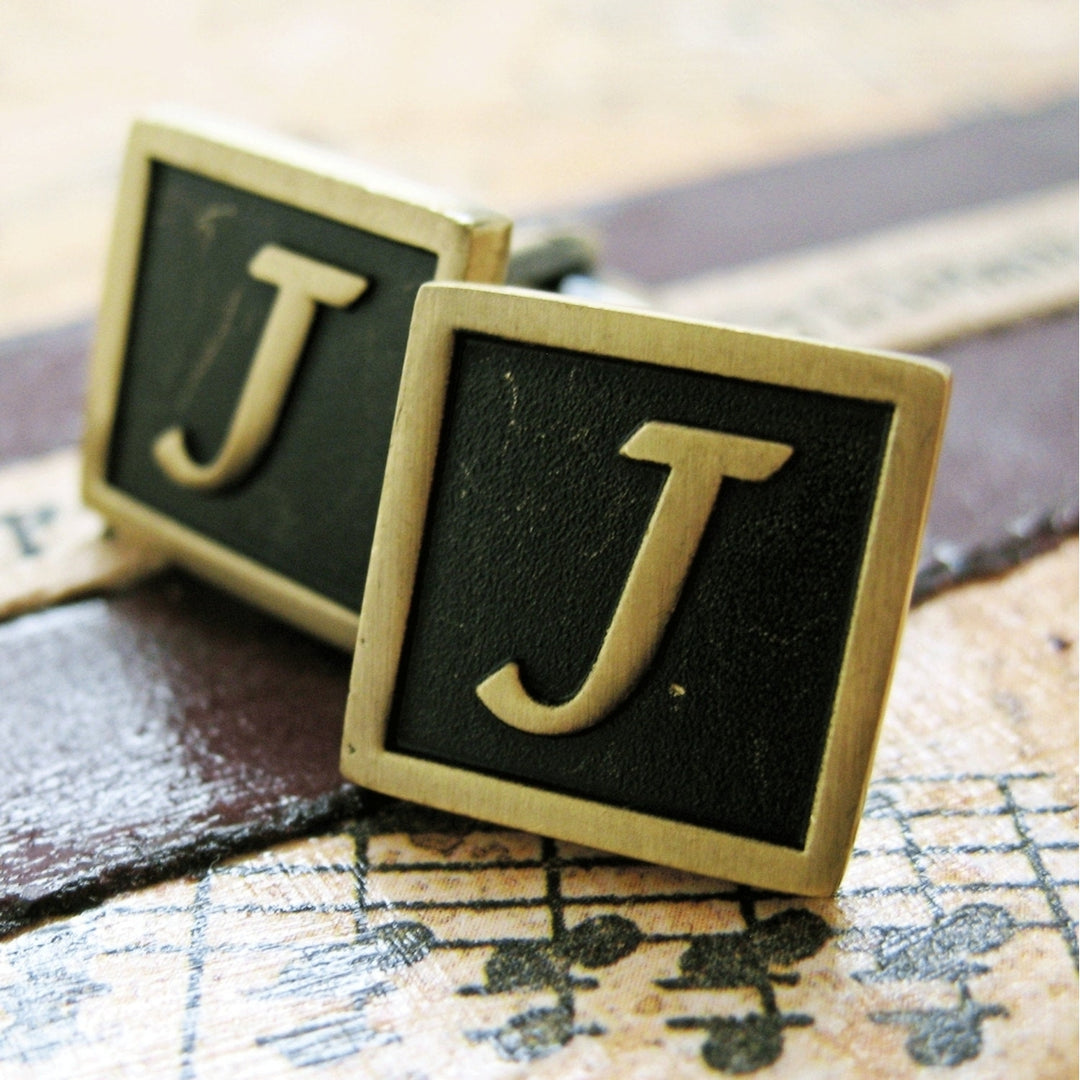 J Initial Cufflinks Antique Brass Square 3-D Letter Vintage English Lettering Cuff Links Groom Father Bride Wedding  Box Image 1