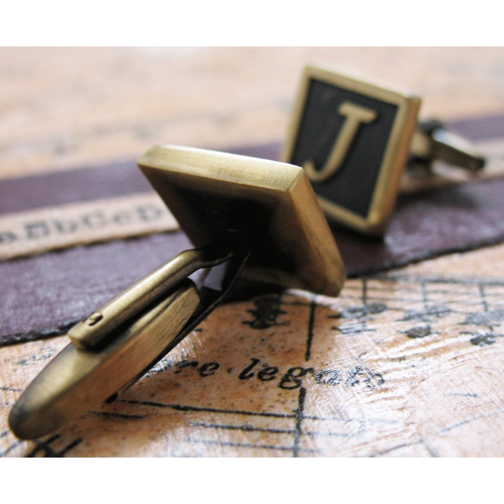 J Initial Cufflinks Antique Brass Square 3-D Letter Vintage English Lettering Cuff Links Groom Father Bride Wedding  Box Image 2