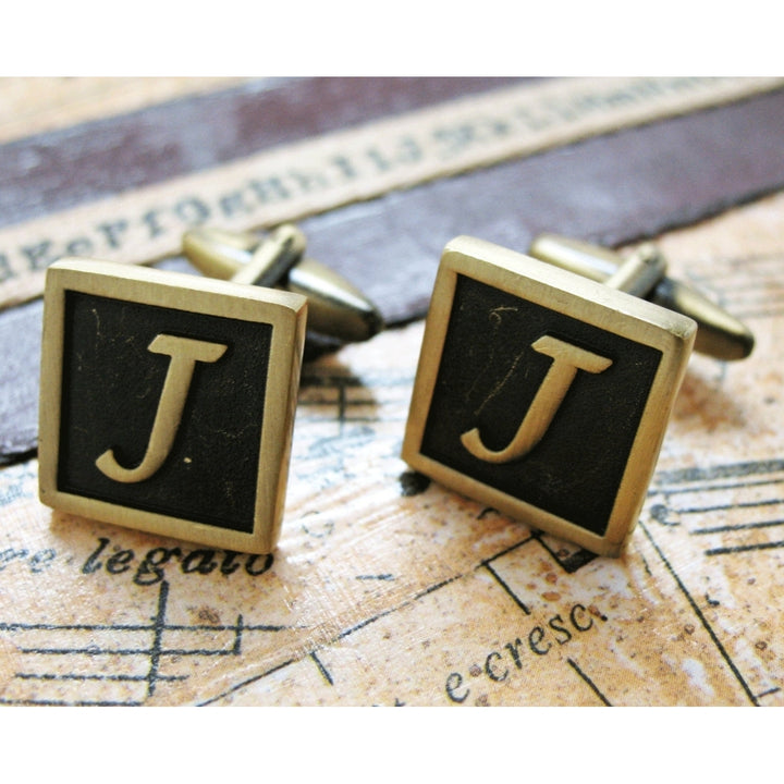 J Initial Cufflinks Antique Brass Square 3-D Letter Vintage English Lettering Cuff Links Groom Father Bride Wedding  Box Image 4